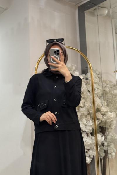 100176 CEPLERİ TAŞ DETAYLI ETEKLİ TAKIM Siyah