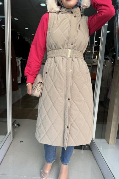 BNN3600 KEMERLİ KAPİTONE YELEK KAPŞONLU TOPRAK RENGİ