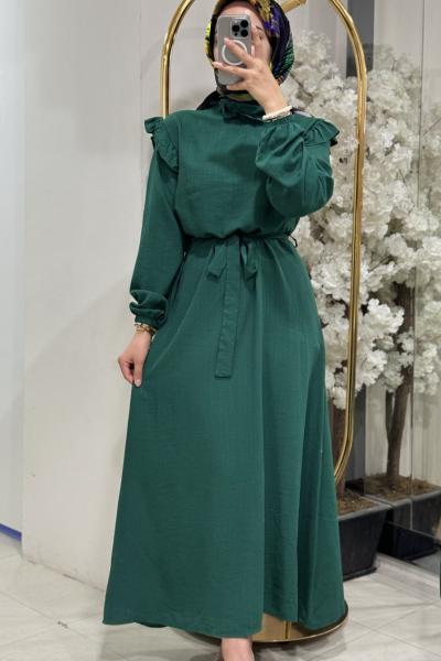 BNN1110 BÜRÜMCÜK Kumaş elbise Yeşil