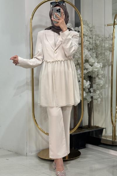 100330 ŞİFON BÜZGÜ DETAYLI İKİLİ TAKIM Bej