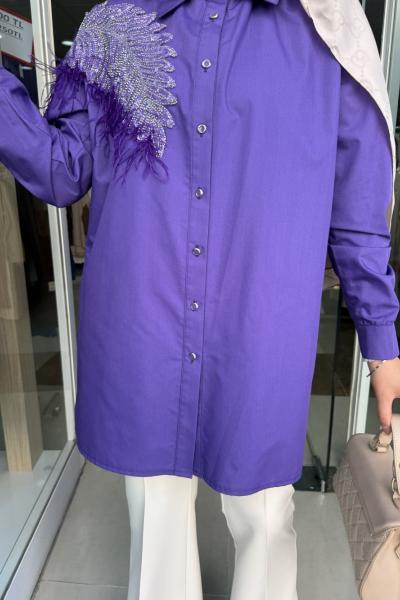 coton gömlek aplike tüylü Mor