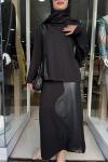 modal kumaş deri detay etekli takım Siyah