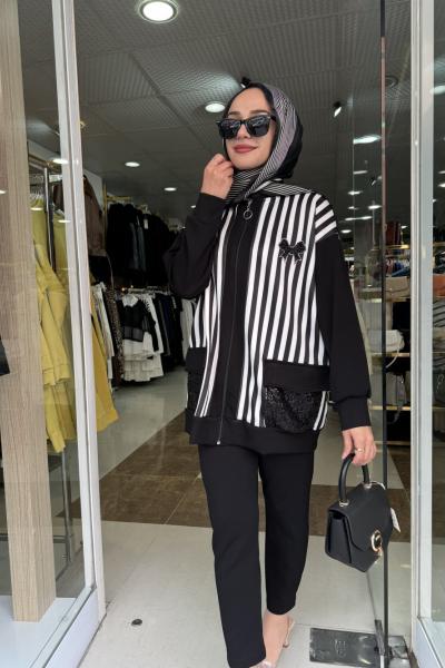 ÇİZGİ DESENLİ KISA KAP Siyah