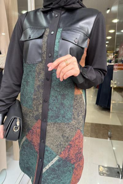 DERİ DETAYLI ÖZEL BASKILI TUNİK ESSWAAP Siyah