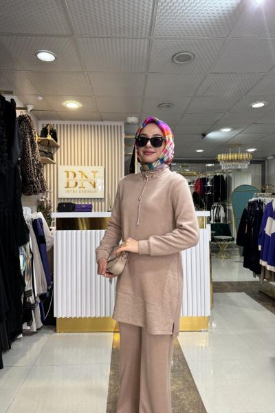 100556 LEVİDOR SİMLİ KORDONLU TAKIM KOYU BEJ