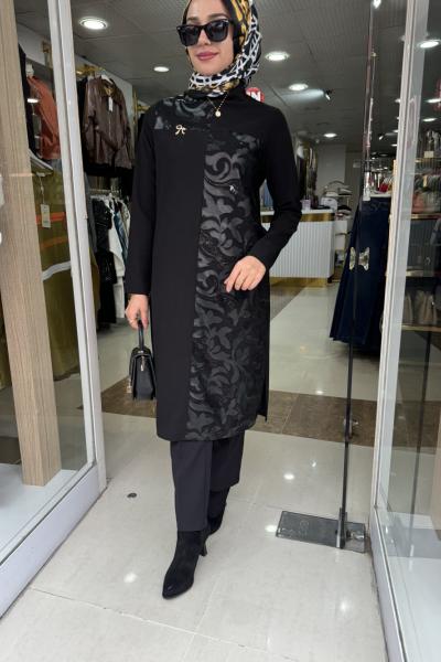 YAPRAK İŞLEMELİ TUNİK Siyah