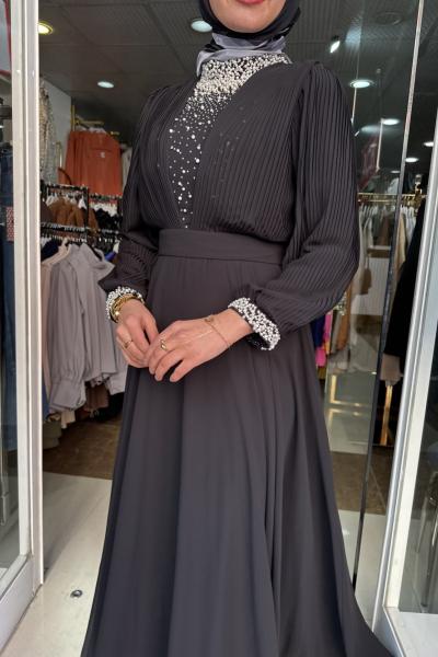 ŞİFON İNCİLİ ABİYE Siyah