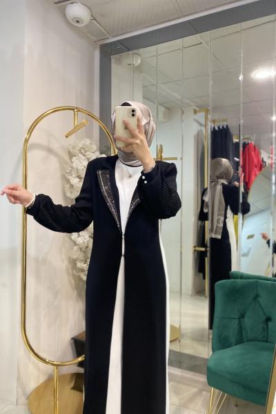 2317415 Yakası Taş İşli İçi Tulum Dışı Ceket Takım Siyah Beyaz
