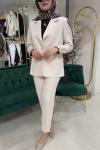 BEJ BLAZER KOLU CİZGİLİ TAKIM Bej
