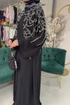 KOLLARI ŞİFON VE OMUZDAN AŞŞAĞI TAŞ İŞLEMELİ ABAYA Siyah