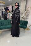 KOLLARI ŞİFON VE OMUZDAN AŞŞAĞI TAŞ İŞLEMELİ ABAYA Siyah