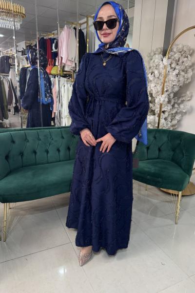 İNDİGO LACİVERT DALGA DESENLİ ELBİSE Lacivert