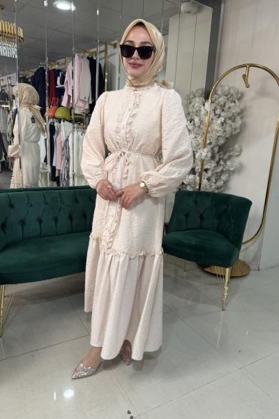 İNDİGO BEJ RENK KABARTMA DESENLİ ELBİSE Bej