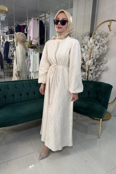 İNDİGO YAPRAK DESENLİ İÇİ ASTARLI ELBİSE Bej