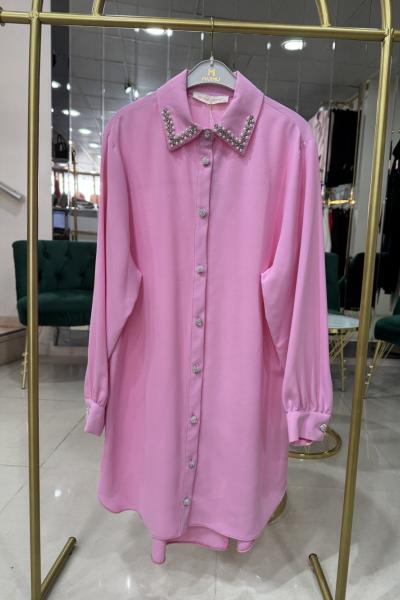 YAKASI TAŞLI GÖMLEK Pembe