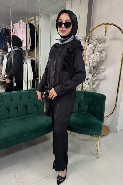 SOL KOLU GÜL DETAYLI ÖNÜ DÜĞMELİ TUNİK Siyah