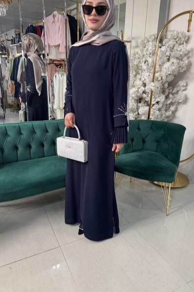 KOLU VE ETEĞİ PİLİSELİ ELBİSE Lacivert