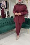 YAKASI PLİSELİ PANTOLONLU TAKIM Bordo