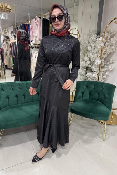 JAKARLI TAŞLI ELBİSE Siyah