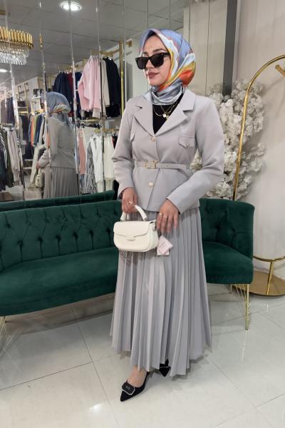 PİLELİ ETEKLİ TAKIM Gri