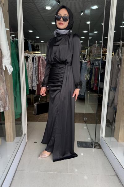 SATEN KOLU TÜYLÜ TANE ELBİSE Siyah