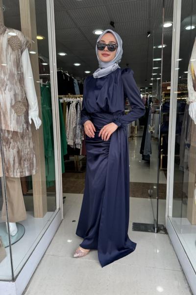 SATEN KOLU TÜĞLÜ TANE ELBİSE Lacivert