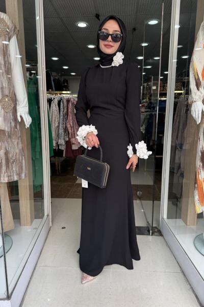 KOLU GÜL DETAYLI ELBİSE SİYAH Siyah