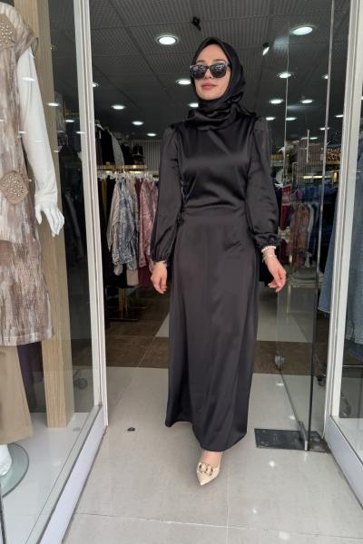 TANE ELBİSE YANDAN BAĞCIKLI SATEN ELBİSE Siyah