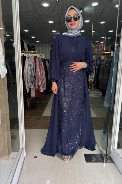 TANE ELBİSE BONCUK VE ŞİFON DETAYLI ELBİSE Lacivert