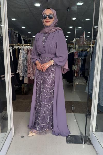 TANE ELBİSE BONCUK VE ŞİFON DETAYLI ELBİSE Mor