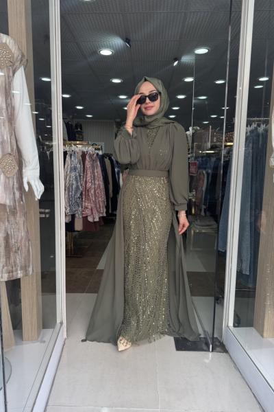 TANE ELBİSE BONCUK VE ŞİFON DETAYLI ELBİSE Yeşil