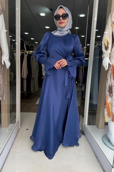 JANJAN KUMAŞ YANDAN BAĞCIKLI TANE ABİYE ELBİSE Lacivert