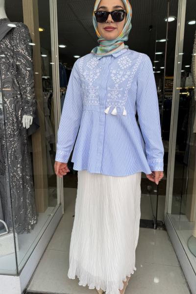 NAKIŞLI ÇİZGİLİ GÖMLEK Mavi