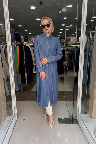 UZUN ÖNÜ DÜĞMELİ KOT TUNİK Mavi