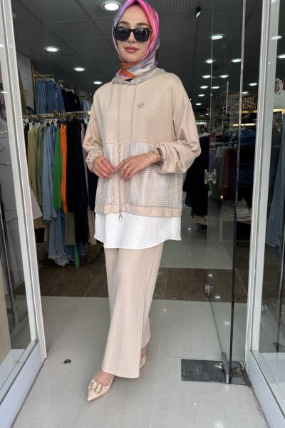 FİLELİ KAPŞONLULU ŞIK TAKIM Bej