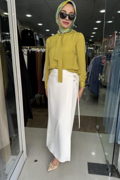 YANDAN BAĞLAMALI KUMAŞ ETEK Beyaz