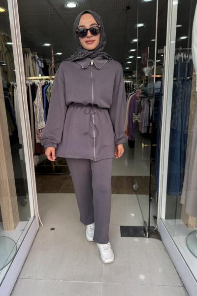 BEL BÜZGÜLÜ FERMUARLI TAKIM Gri