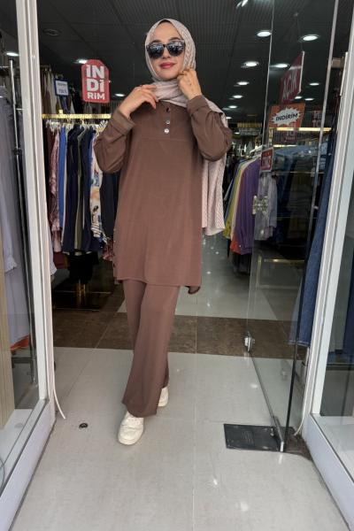 RAYON PENYE DÜĞME PANTOLONLU TAKIM Kahverengi
