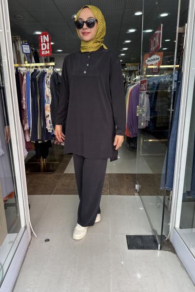 RAYON PENYE DÜĞME PANTOLONLU TAKIM Siyah