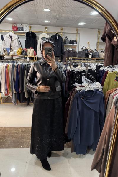 JAKAR ETEKLİ TAŞ İŞLEMELİ DERİ CEKETLİ TAKIM Siyah