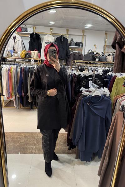 3 LÜ DERİ DETAYLI TASARIM  PANTOLONLU TAKIM Siyah