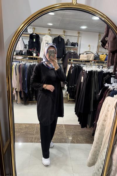 FERMUAR DETAYLI BÜYÜK BEDEN PANTOLONLU TAKIM Siyah