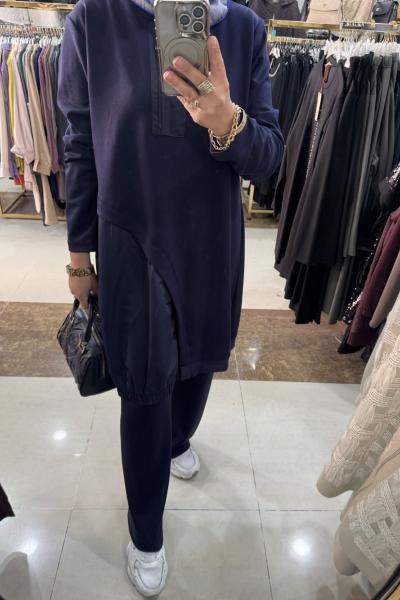 FERMUAR DETAYLI BÜYÜK BEDEN PANTOLONLU TAKIM Lacivert