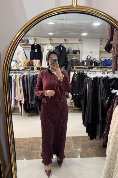 KRAŞ DETAYLI ELBİSE  Bordo