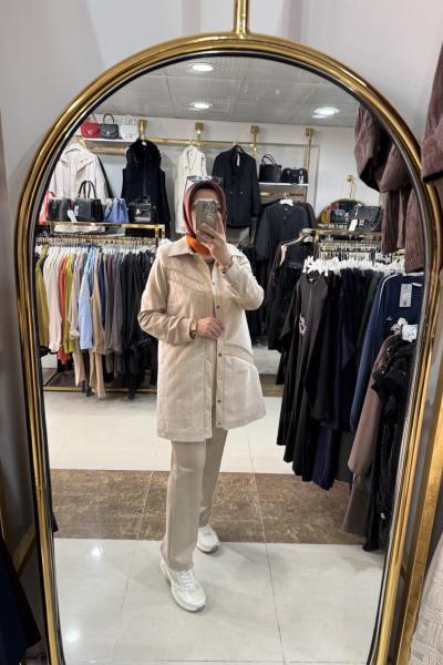 ANGORA DERİ DETAY YELEKLİ 3 LÜ TAKIM Bej