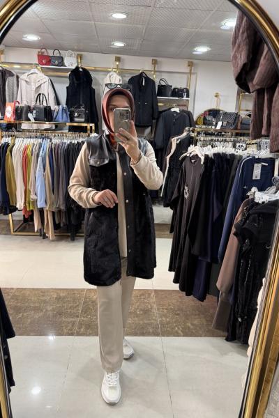 ANGORA DERİ DETAYLI YELEK Siyah