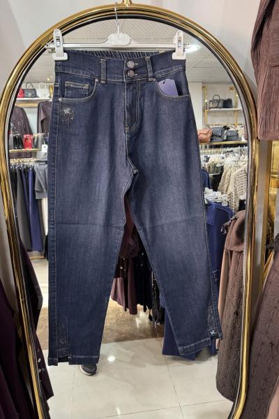 PAÇASI TAŞLI MOM JEAN koyu Mavi