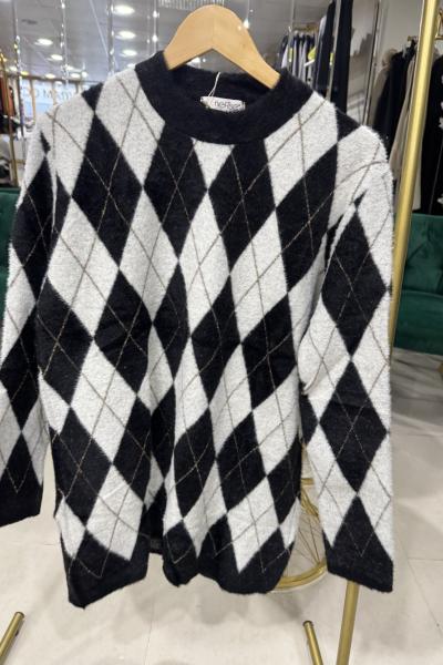 BAKLAVA DESEN TRİKO TUNİK Siyah Beyaz