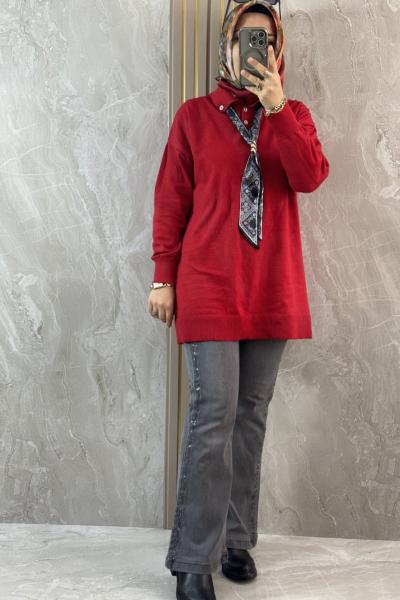 FULARLI TRİKO TUNİK Kırmızı