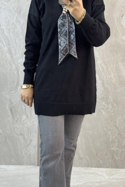 FULARLI TRİKO TUNİK Siyah